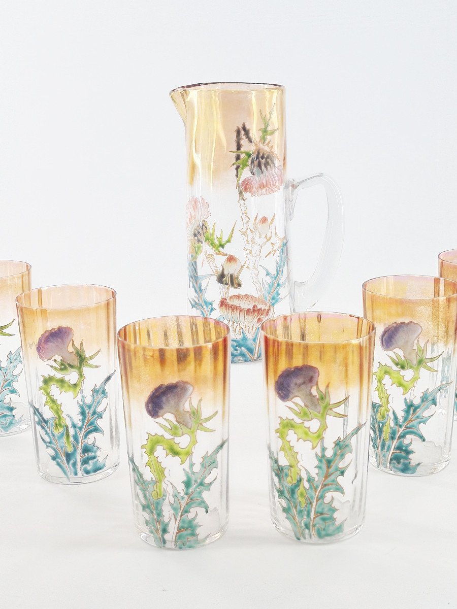 Enameled Glass Lemonade Service With Floral Decoration, Art Nouveau.-photo-2