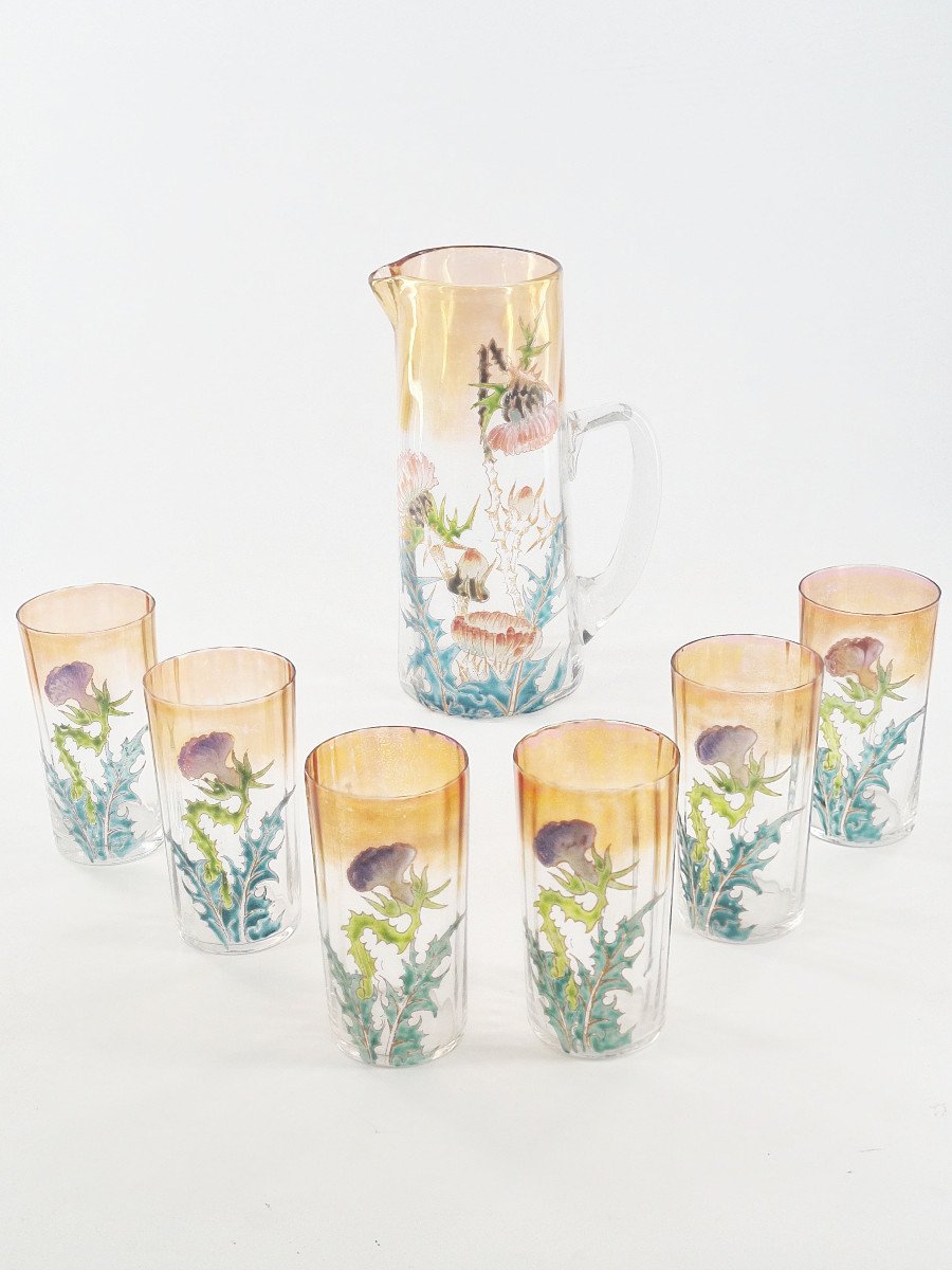 Enameled Glass Lemonade Service With Floral Decoration, Art Nouveau.