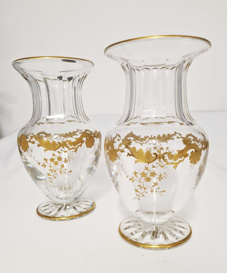 Pair Of Saint Louis Crystal Vases, Massenet Gold Model-photo-2