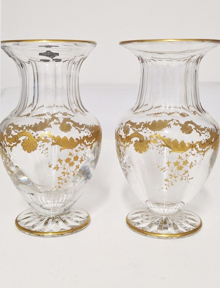 Pair Of Saint Louis Crystal Vases, Massenet Gold Model