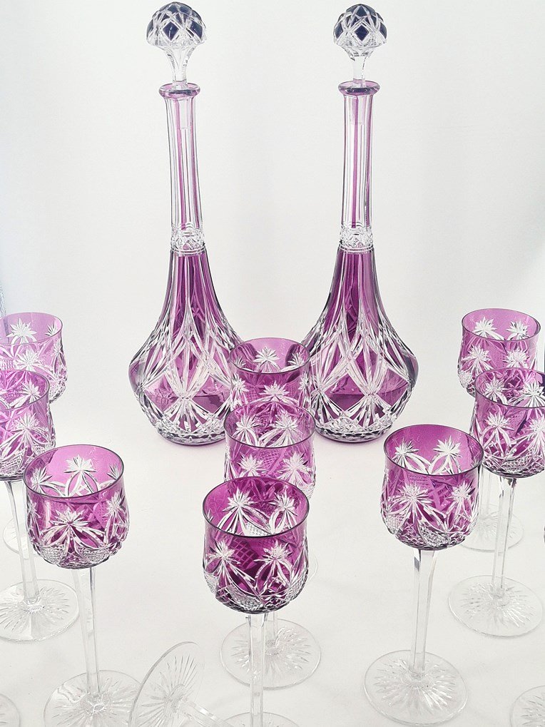 Ensemble Composé De 12 Verres à Vin Et 2 Carafes Doublés Améthyste En Cristal De Baccarat, Débu-photo-4