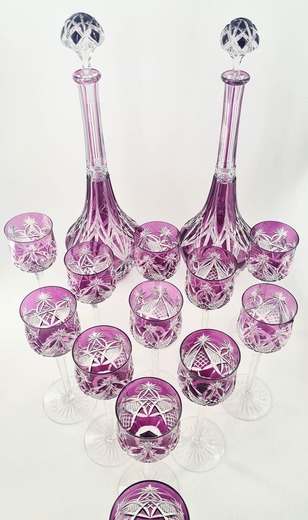 Ensemble Composé De 12 Verres à Vin Et 2 Carafes Doublés Améthyste En Cristal De Baccarat, Débu-photo-1