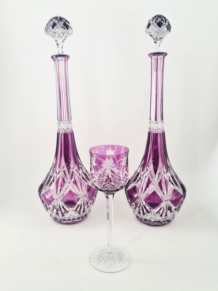 Ensemble Composé De 12 Verres à Vin Et 2 Carafes Doublés Améthyste En Cristal De Baccarat, Débu-photo-2