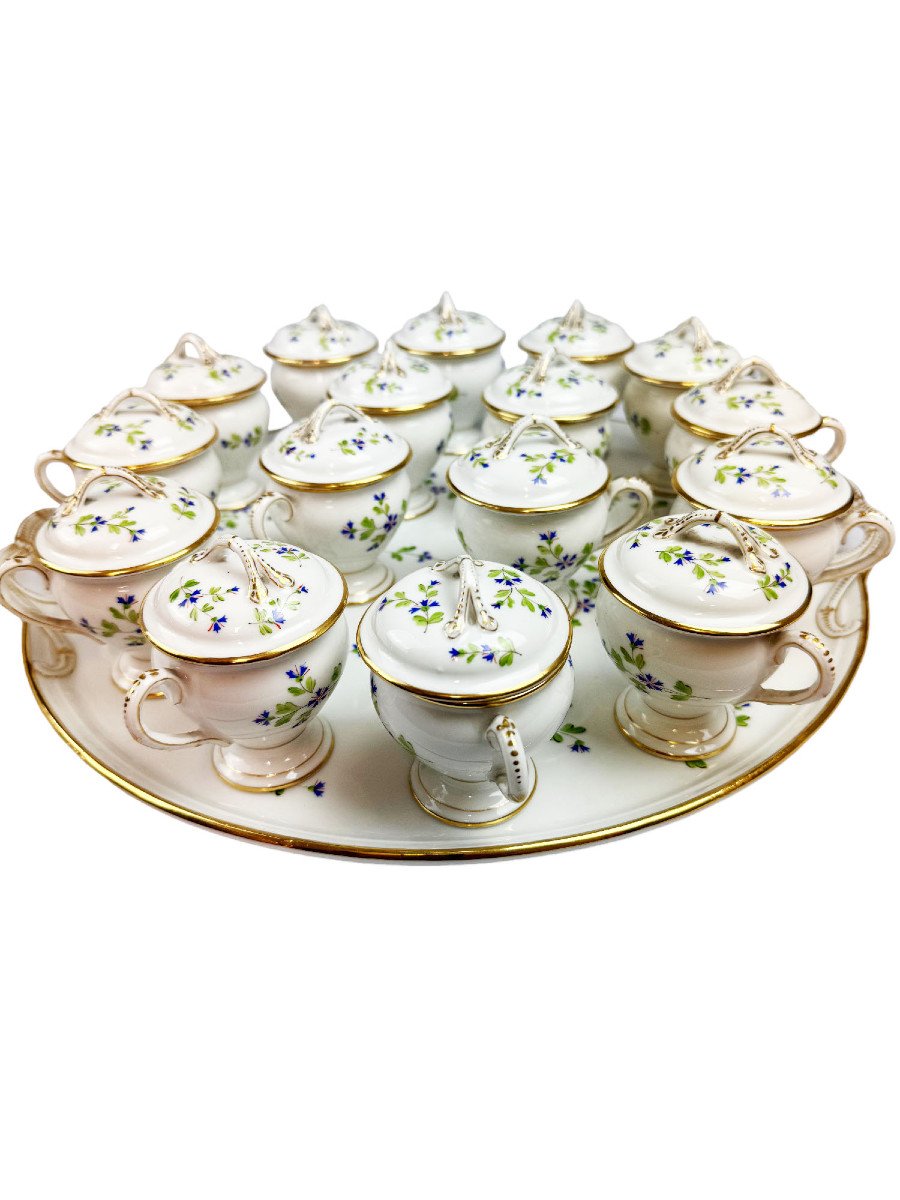 Beautiful Set Consisting Of A Tray And 16 Porcelain Cream Pots, Barbeau Decor