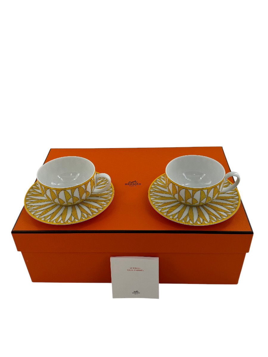 Ensemble De 2 Paire-tasses à Thé En Porcelaine De Limoges, Maison Hermès, Modèle Soleil.-photo-4