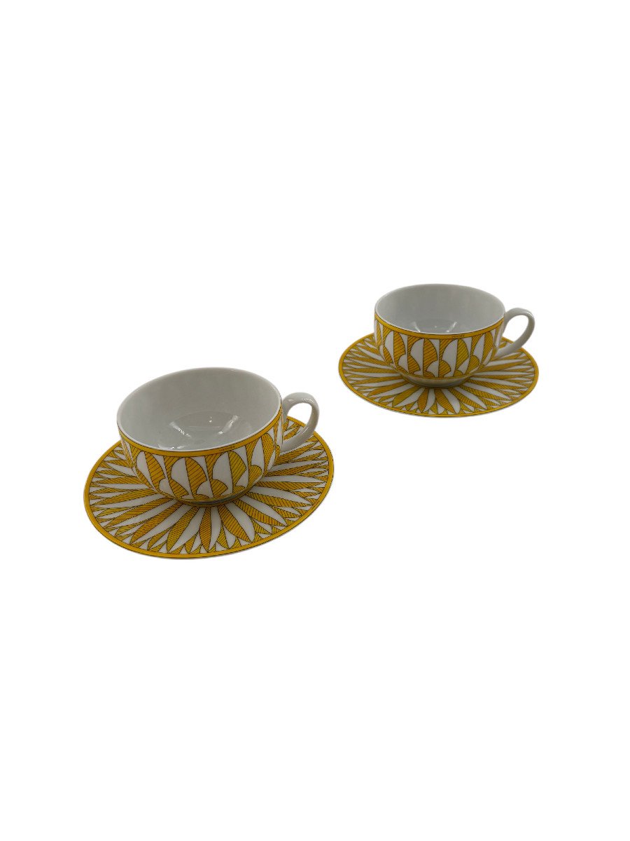 Ensemble De 2 Paire-tasses à Thé En Porcelaine De Limoges, Maison Hermès, Modèle Soleil.-photo-1