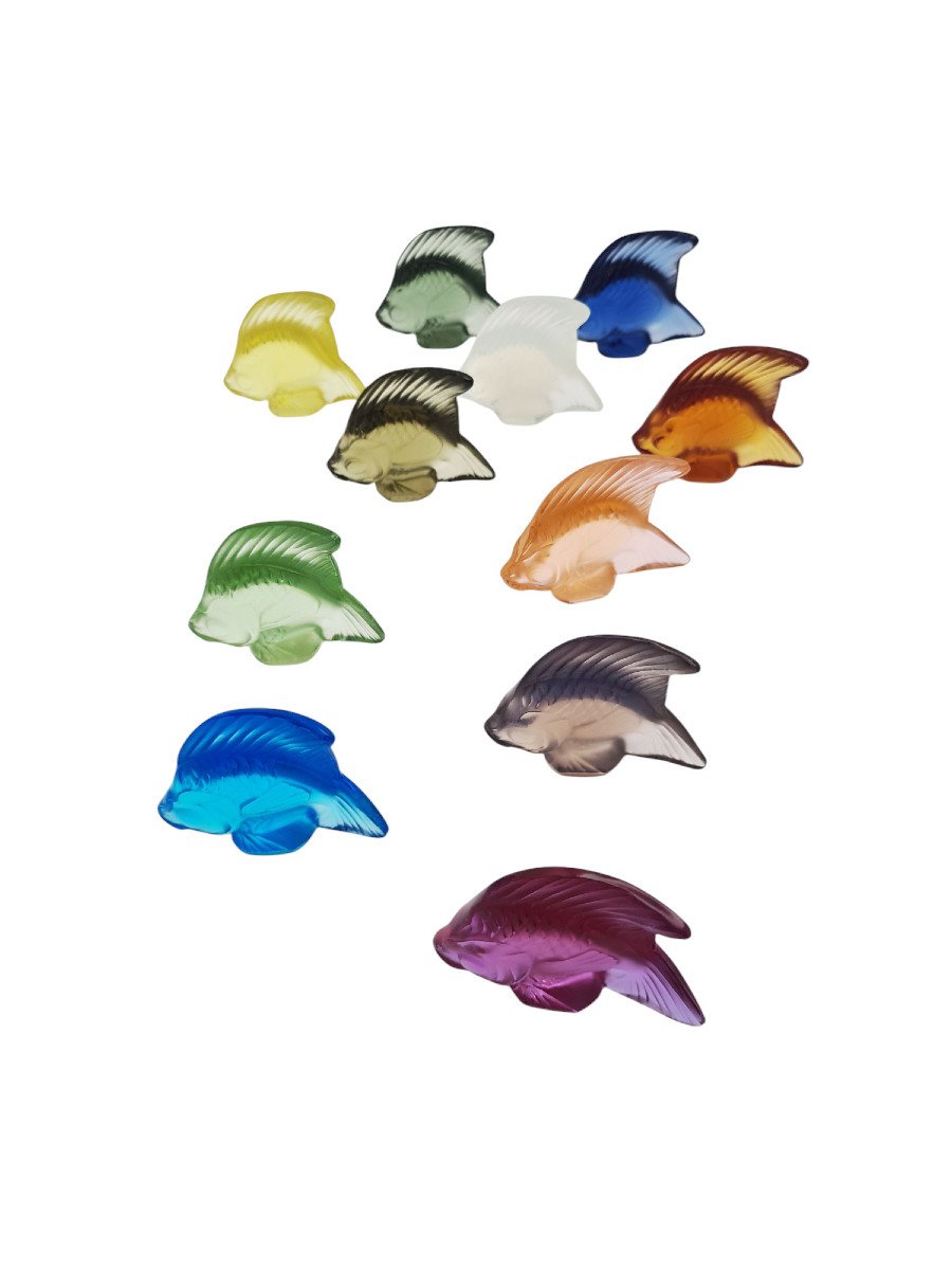 Suite De 11 Poissons En Cristal Colorés, Lalique France