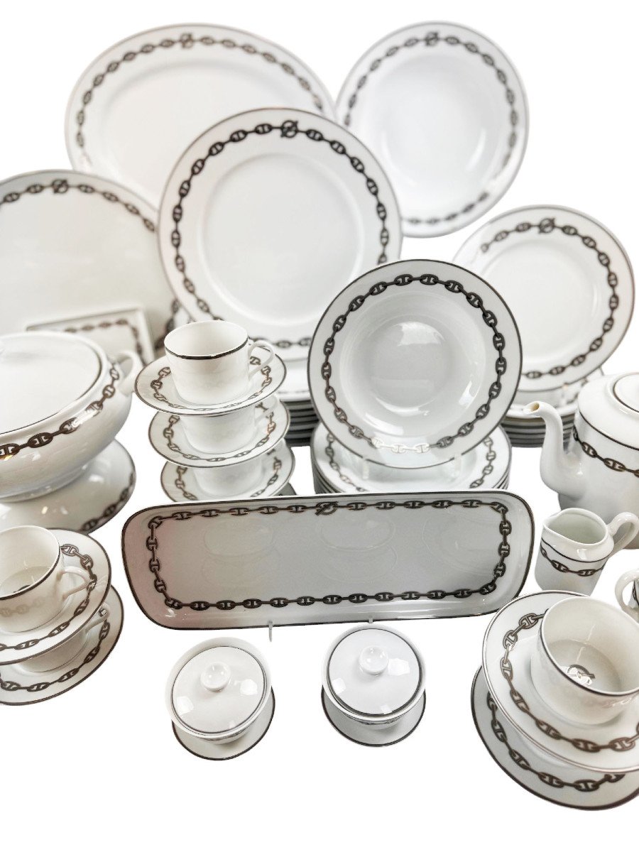 Porcelain Dinner Service, Maison Hermès, Platinum Anchor Chain Model, 61 Pieces.-photo-3