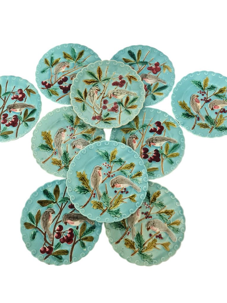 Set Of 10 Barbotine Dessert Plates With Trendy Bird Decor.-photo-2