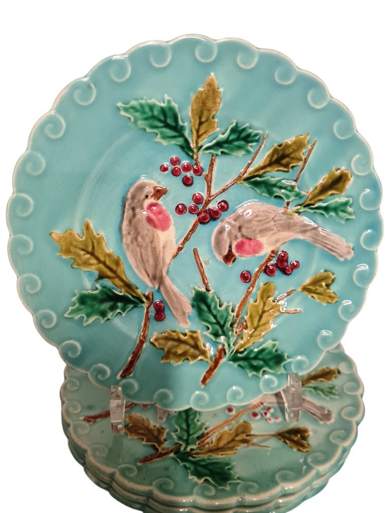 Set Of 10 Barbotine Dessert Plates With Trendy Bird Decor.-photo-3