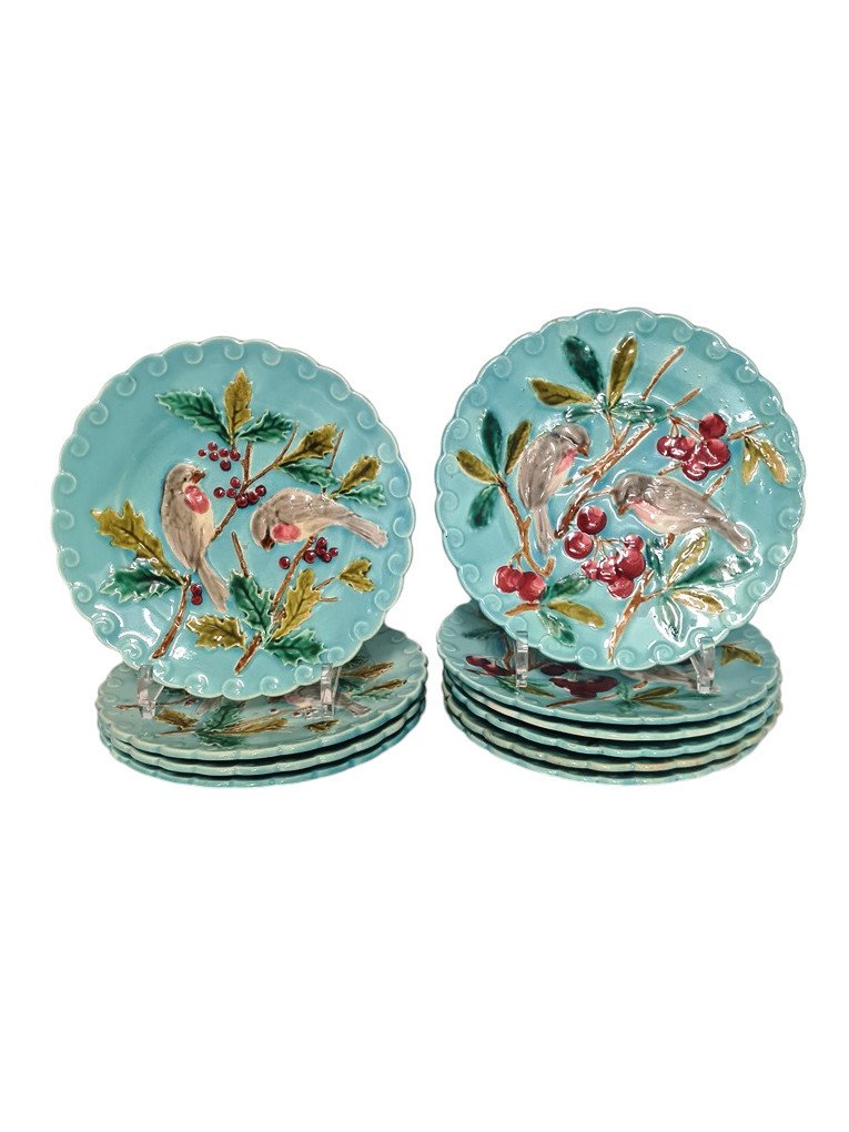 Set Of 10 Barbotine Dessert Plates With Trendy Bird Decor.-photo-1