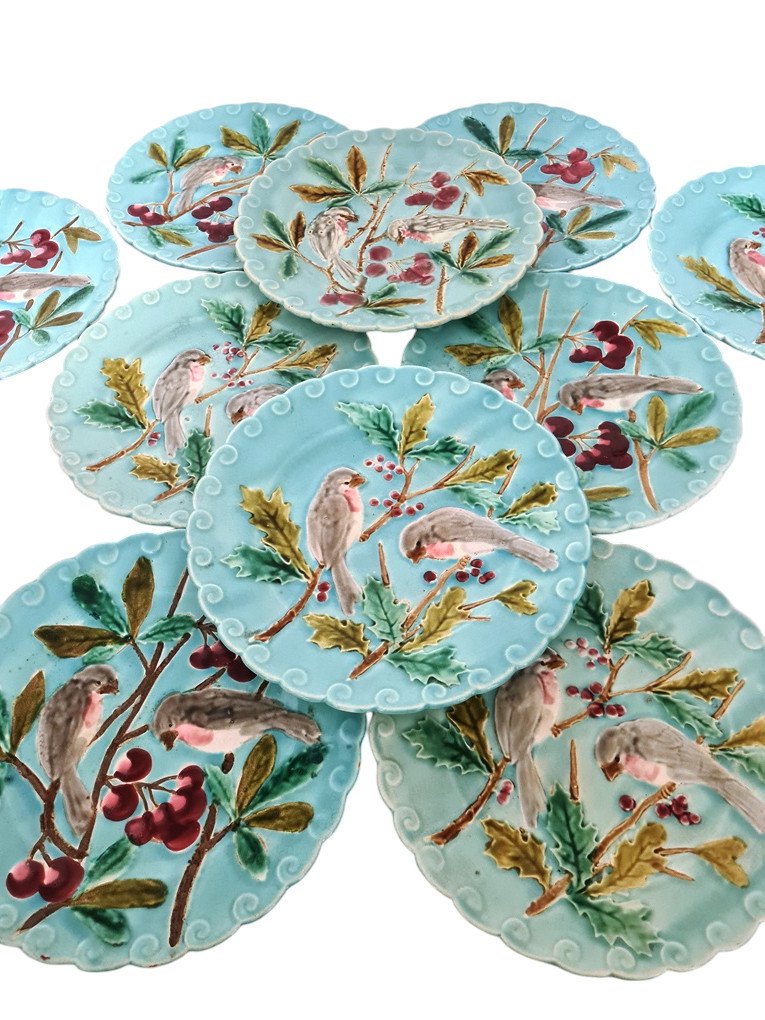 Set Of 10 Barbotine Dessert Plates With Trendy Bird Decor.