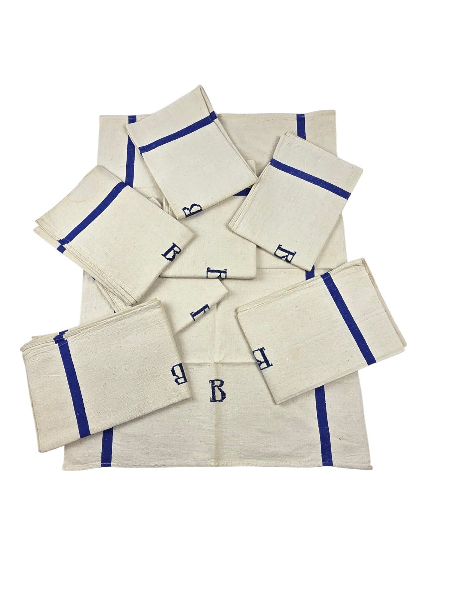  Série De 8 Torchons En Lin Liteaux Bleus , Monogramme B.-photo-2
