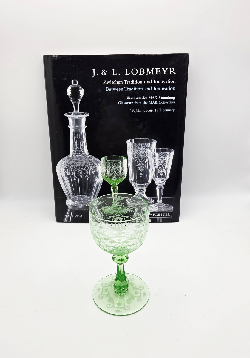 Set Of 5 Engraved And Green-lined Crystal Rhine Wine Glasses, Lobmeyr, Vienna.-photo-2