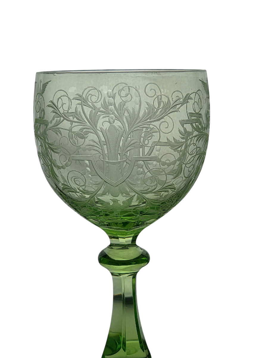 Set Of 5 Engraved And Green-lined Crystal Rhine Wine Glasses, Lobmeyr, Vienna.-photo-4