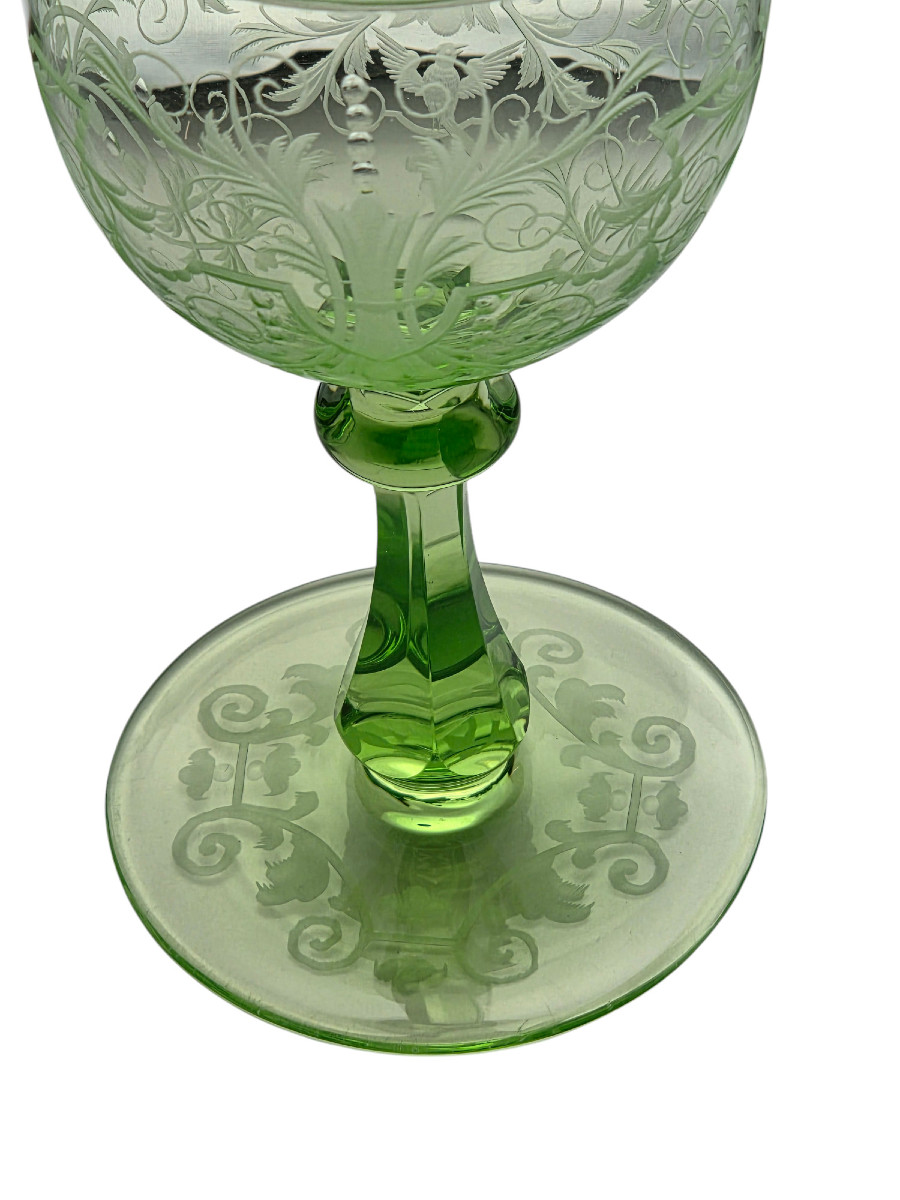 Set Of 5 Engraved And Green-lined Crystal Rhine Wine Glasses, Lobmeyr, Vienna.-photo-3