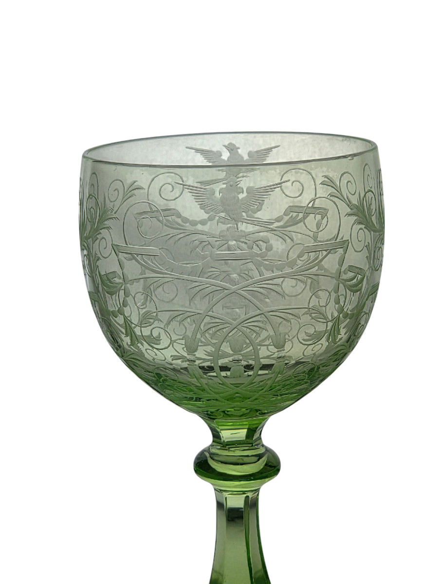 Set Of 5 Engraved And Green-lined Crystal Rhine Wine Glasses, Lobmeyr, Vienna.-photo-4