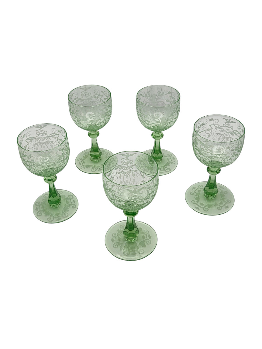 Set Of 5 Engraved And Green-lined Crystal Rhine Wine Glasses, Lobmeyr, Vienna.-photo-5