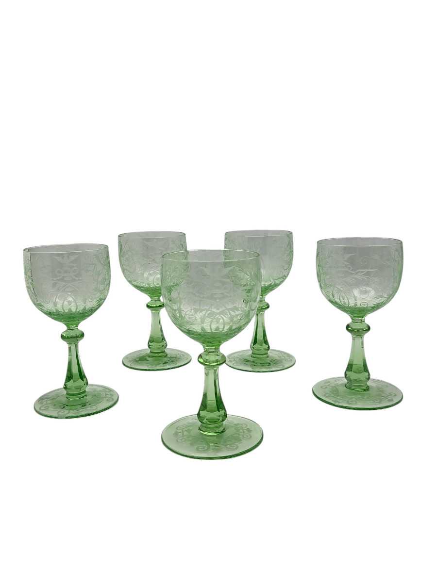 Set Of 5 Engraved And Green-lined Crystal Rhine Wine Glasses, Lobmeyr, Vienna.