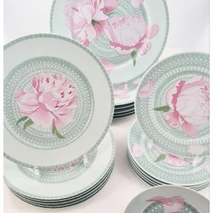 Part Of Celadon Porcelain Table Service, Pink Peonies Model, Maison Hermès, Paris