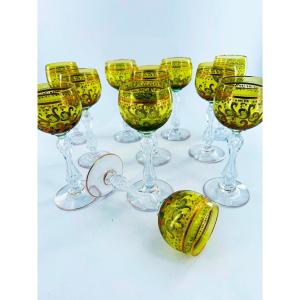 Set Of 11 Rhine Wine Glasses (roemers), In Saint Louis Crystal.