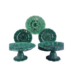 Barbotine Dessert Service, Majolica With Grape Decor, Sarreguemines.