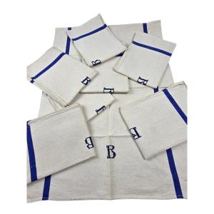  Set Of 8 Blue Stripe Linen Tea Towels, Monogram B.