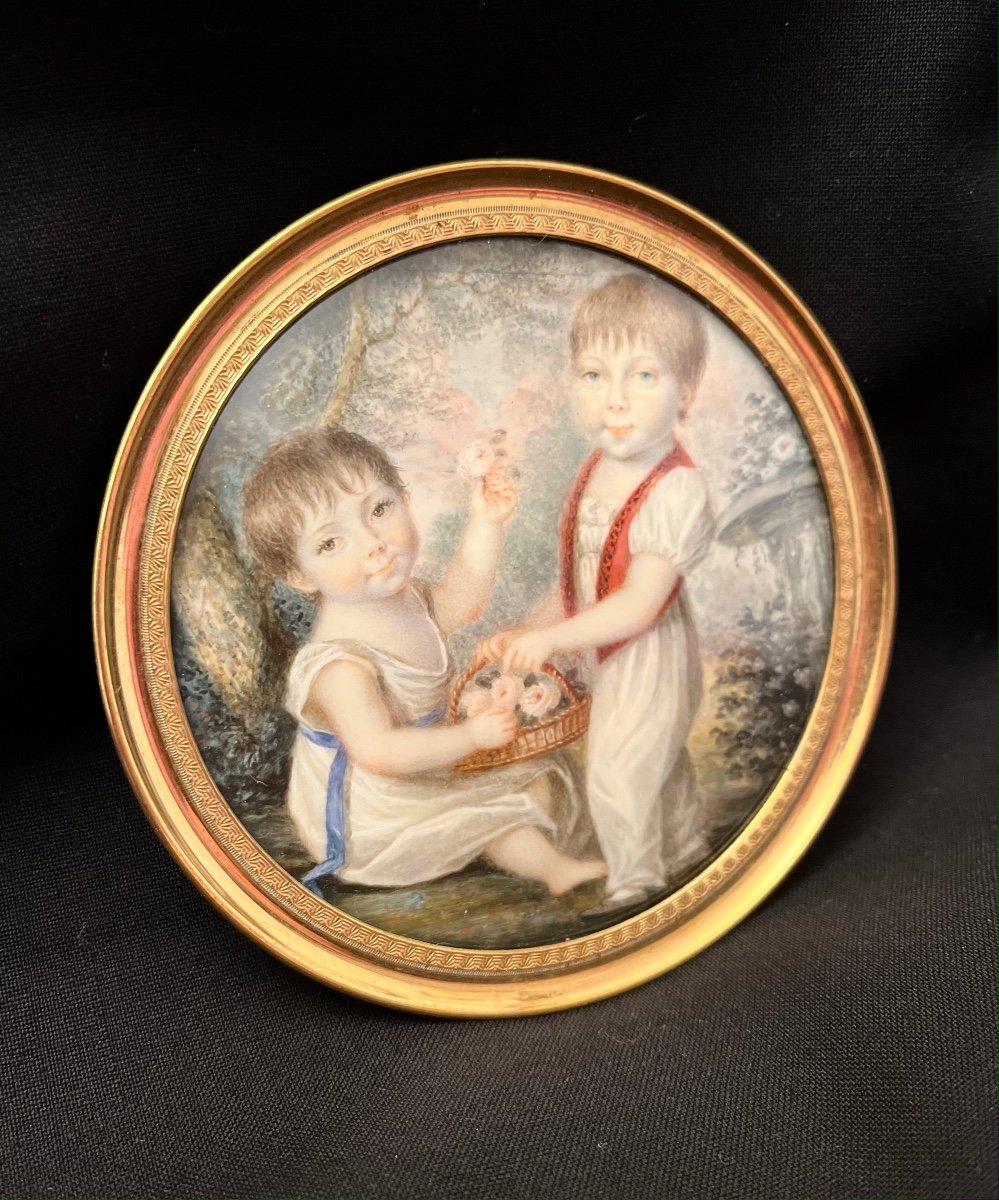 Miniature Portrait Of Two Children In The Bucolic Landscape, Late Eigh