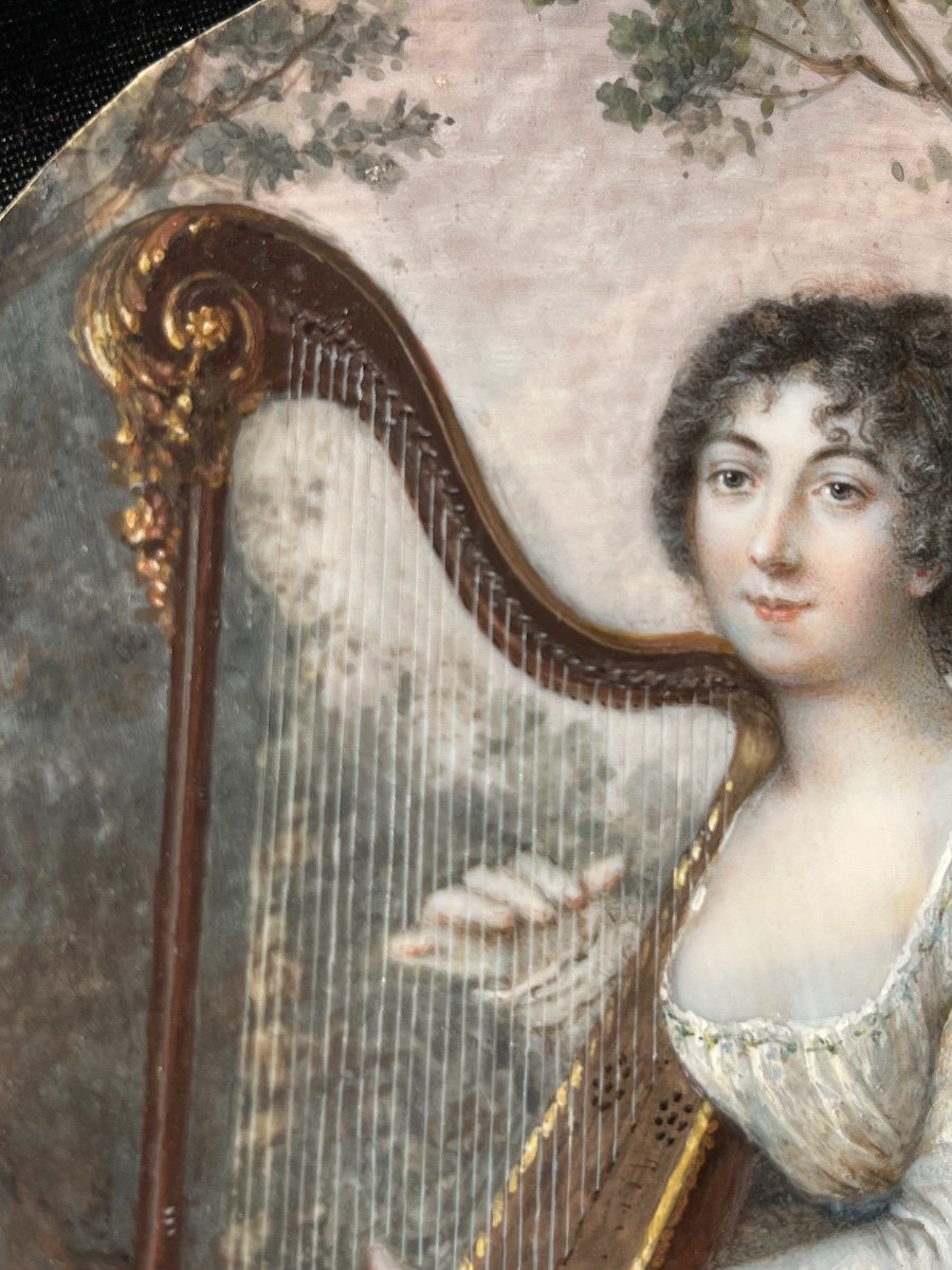 Portrait En Miniature d'Une Jeune Aristocrate à La Harpe, époque Directoire-photo-3