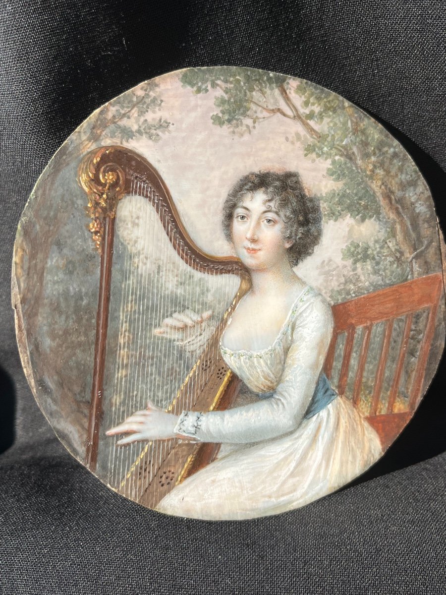 Portrait En Miniature d'Une Jeune Aristocrate à La Harpe, époque Directoire-photo-1