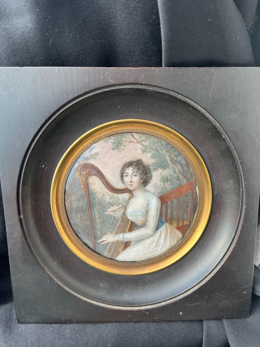 Miniature Portrait Of A Young Aristocrat With A Harp, Directoire Period-photo-3