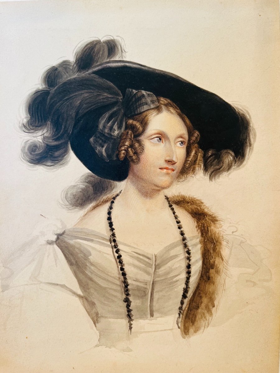 Paul Delaroche (1797-1856) Watercolor Portrait Of Madame Jane Jarvis, Romantic Period