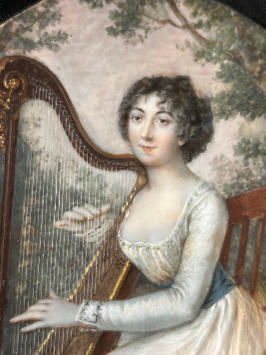 Portrait En Miniature d'Une Jeune Aristocrate à La Harpe, époque Directoire-photo-2