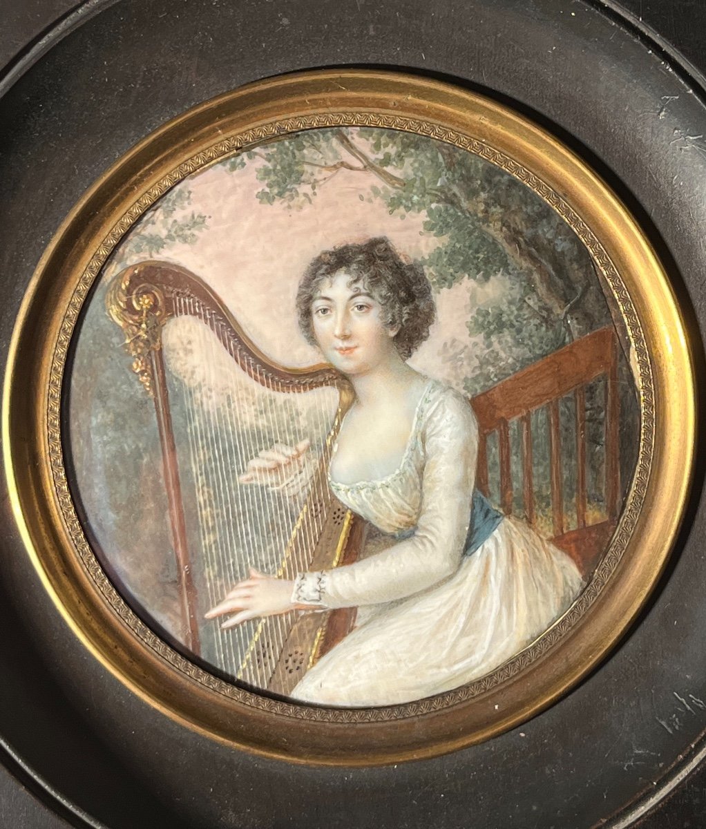 Portrait En Miniature d'Une Jeune Aristocrate à La Harpe, époque Directoire