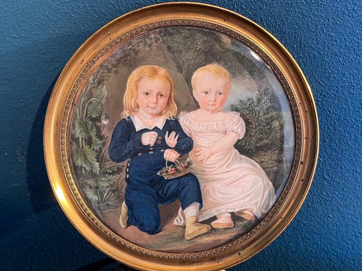 Miniature Portrait De Deux Enfants Dans Le Paysage Bucolique, Début XIXe Siècle