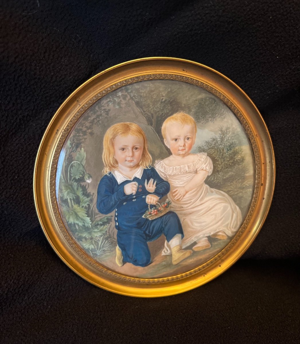 Miniature Portrait De Deux Enfants Dans Le Paysage Bucolique, Début XIXe Siècle