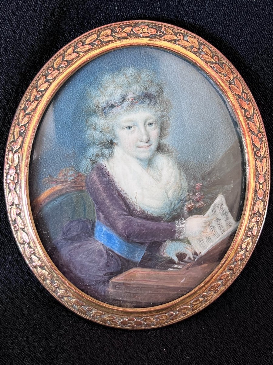 Miniature Portrait Of A Young Woman Playing The Harpsichord, 18th Century-photo-2