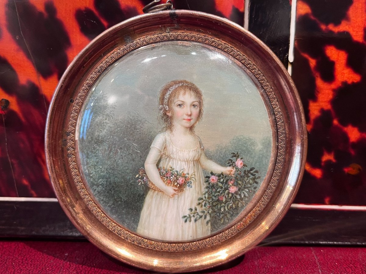 Miniature : Portrait d'Une Jeune Fille Au Panier De Fleurs, Début XIXe Siècle-photo-2