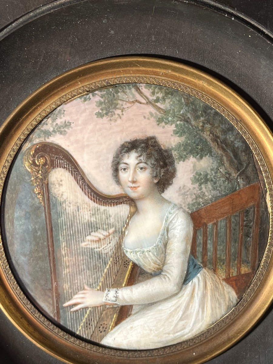 Portrait En Miniature d'Une Jeune Aristocrate à La Harpe, époque Directoire-photo-3