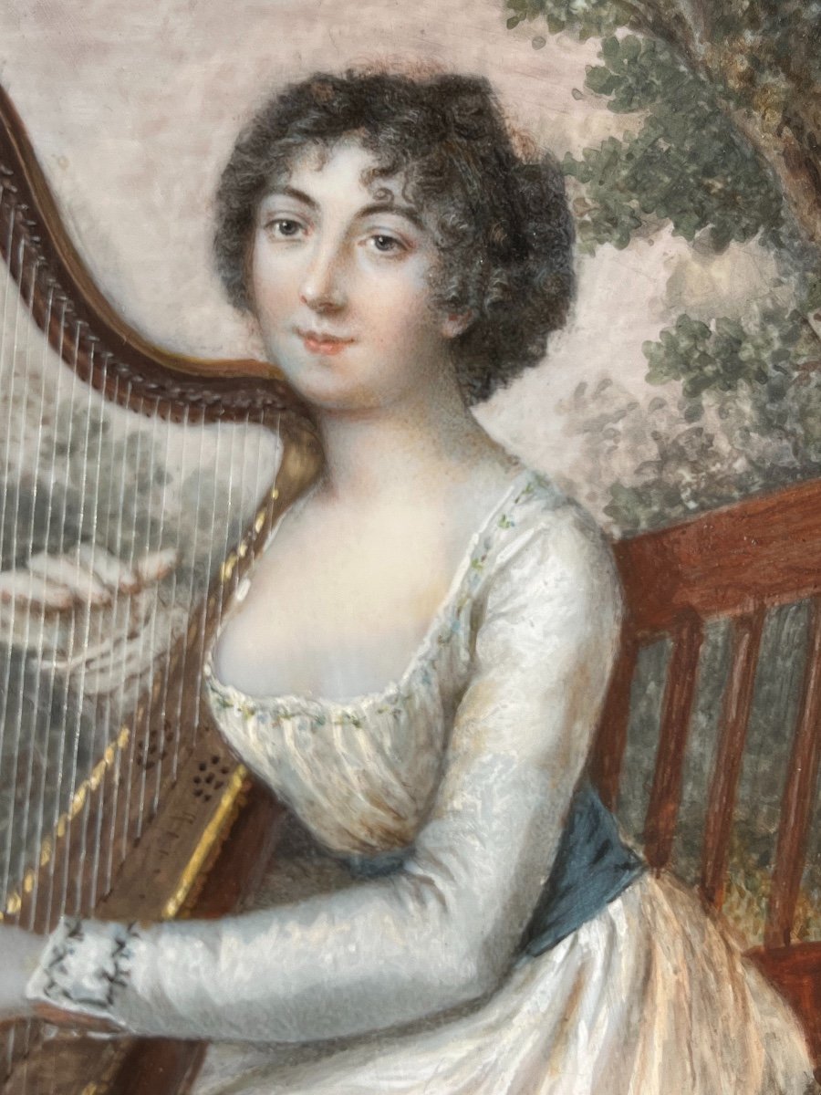 Portrait En Miniature d'Une Jeune Aristocrate à La Harpe, époque Directoire-photo-1