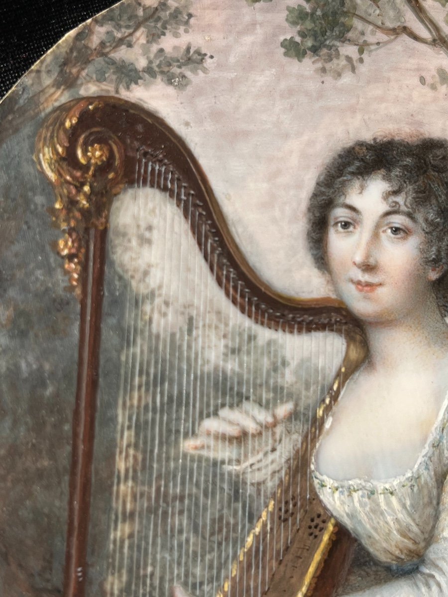 Portrait En Miniature d'Une Jeune Aristocrate à La Harpe, époque Directoire-photo-2