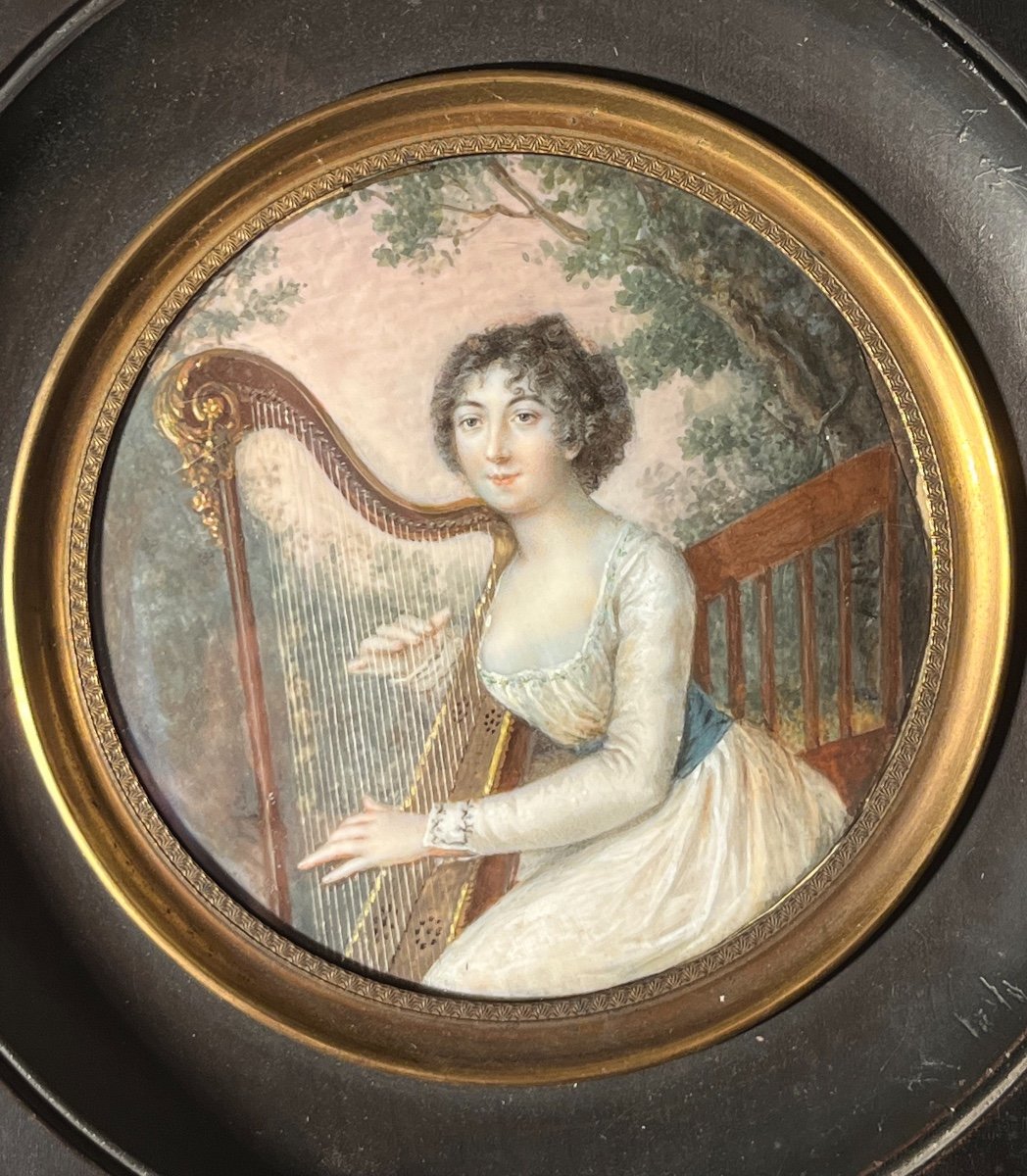 Portrait En Miniature d'Une Jeune Aristocrate à La Harpe, époque Directoire