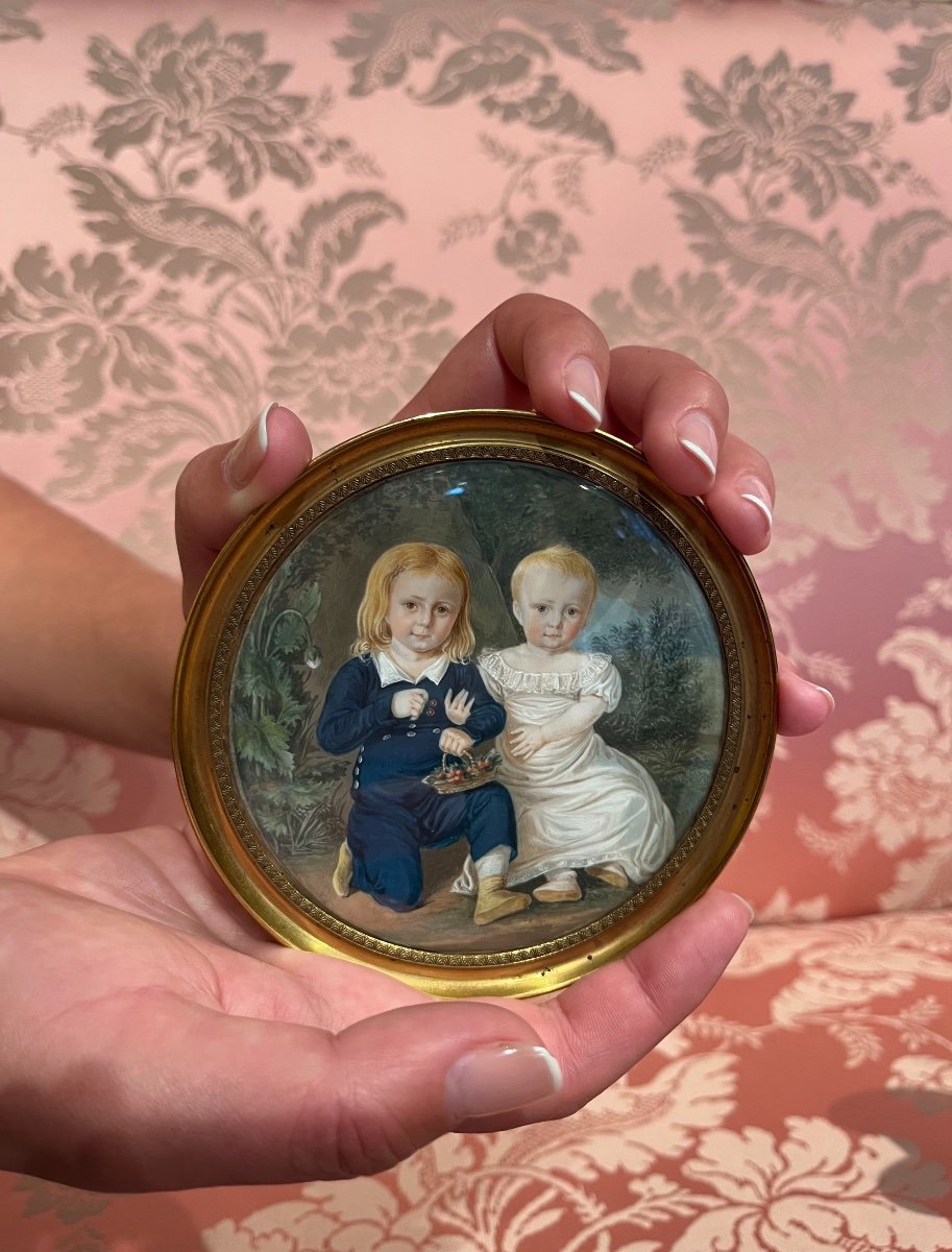 Miniature Portrait De Deux Enfants Dans Le Paysage Bucolique, Début XIXe Siècle-photo-2