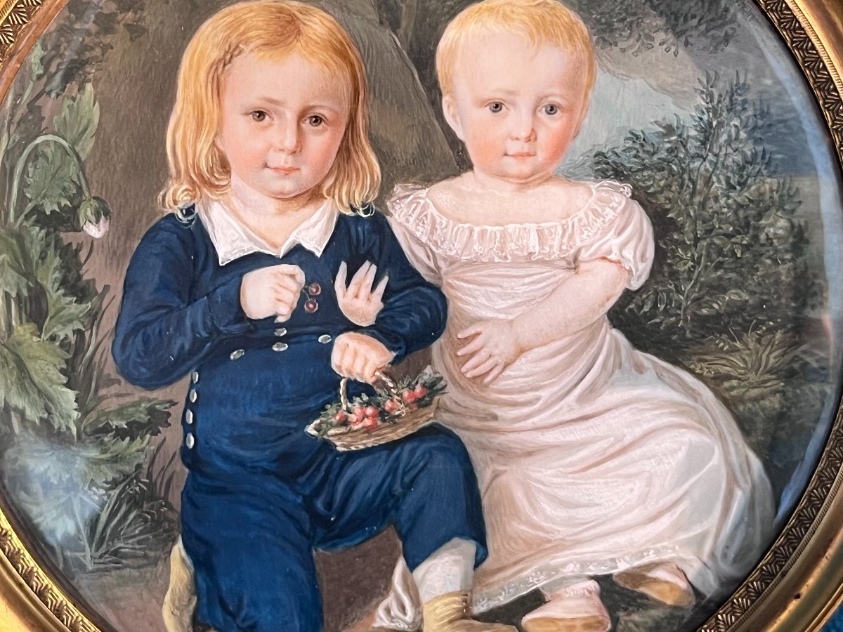 Miniature Portrait Of Two Children In Bucolic Landscape, Early 19th Century-photo-3