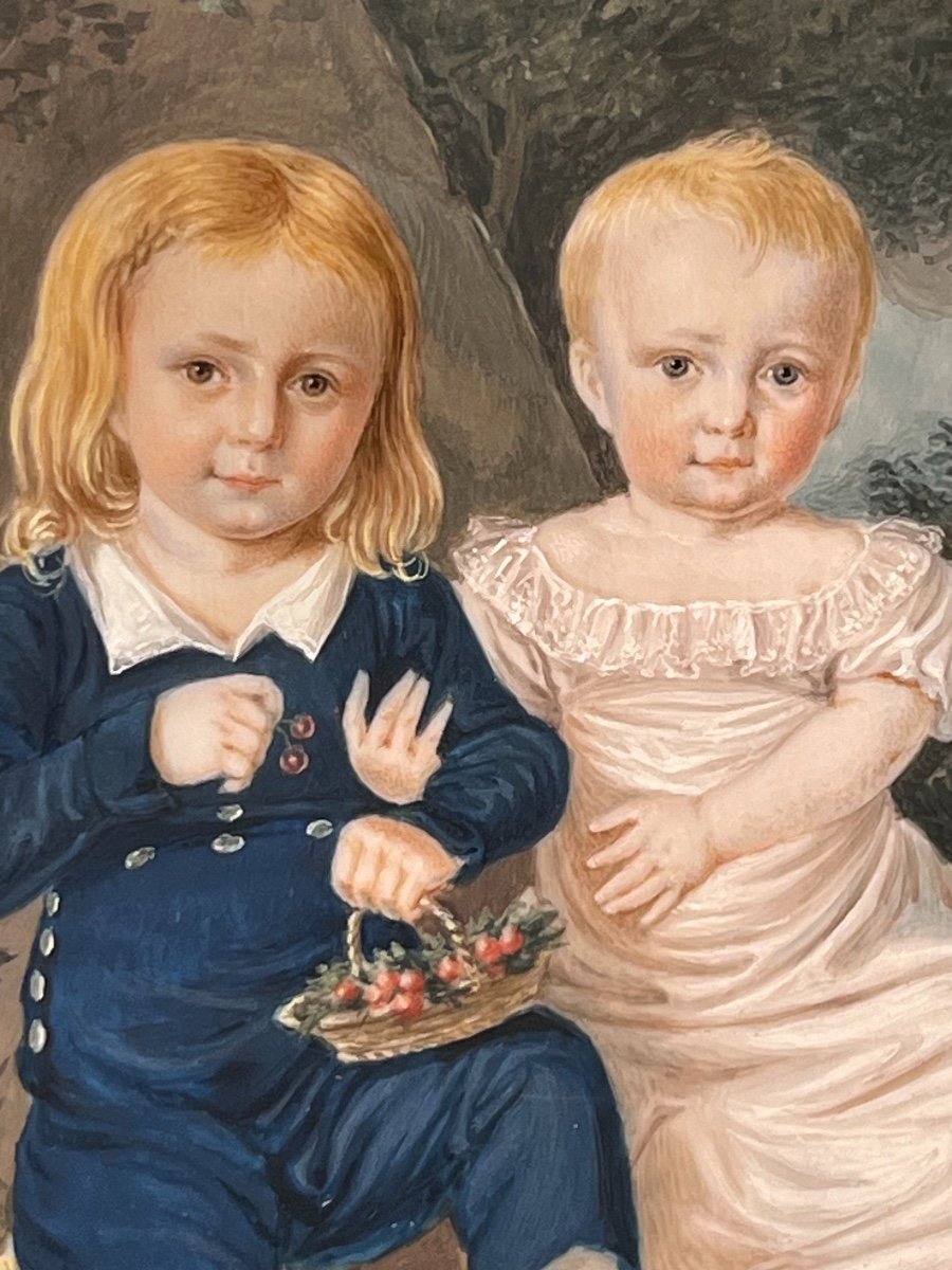 Miniature Portrait Of Two Children In Bucolic Landscape, Early 19th Century-photo-3