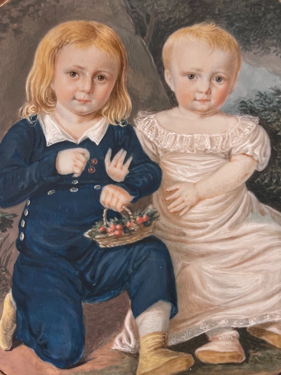 Miniature Portrait Of Two Children In Bucolic Landscape, Early 19th Century-photo-6