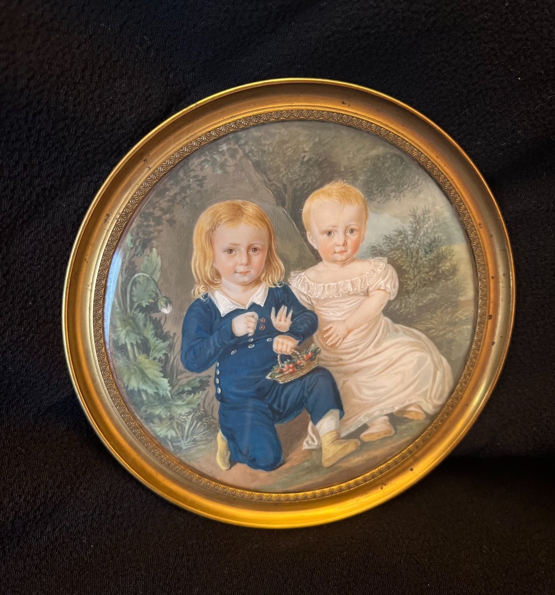 Miniature Portrait De Deux Enfants Dans Le Paysage Bucolique, Début XIXe Siècle