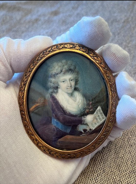 Miniature Portrait  d'Une Jeune Femme Jouant Du Clavecin, XVIIIe Siècle-photo-2