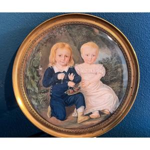 Miniature Portrait De Deux Enfants Dans Le Paysage Bucolique, Début XIXe Siècle