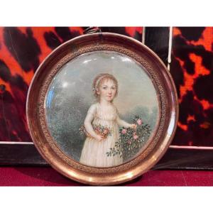 Miniature: Portrait Of A Young Girl With A Basket Of Flowers, Early 19th Century